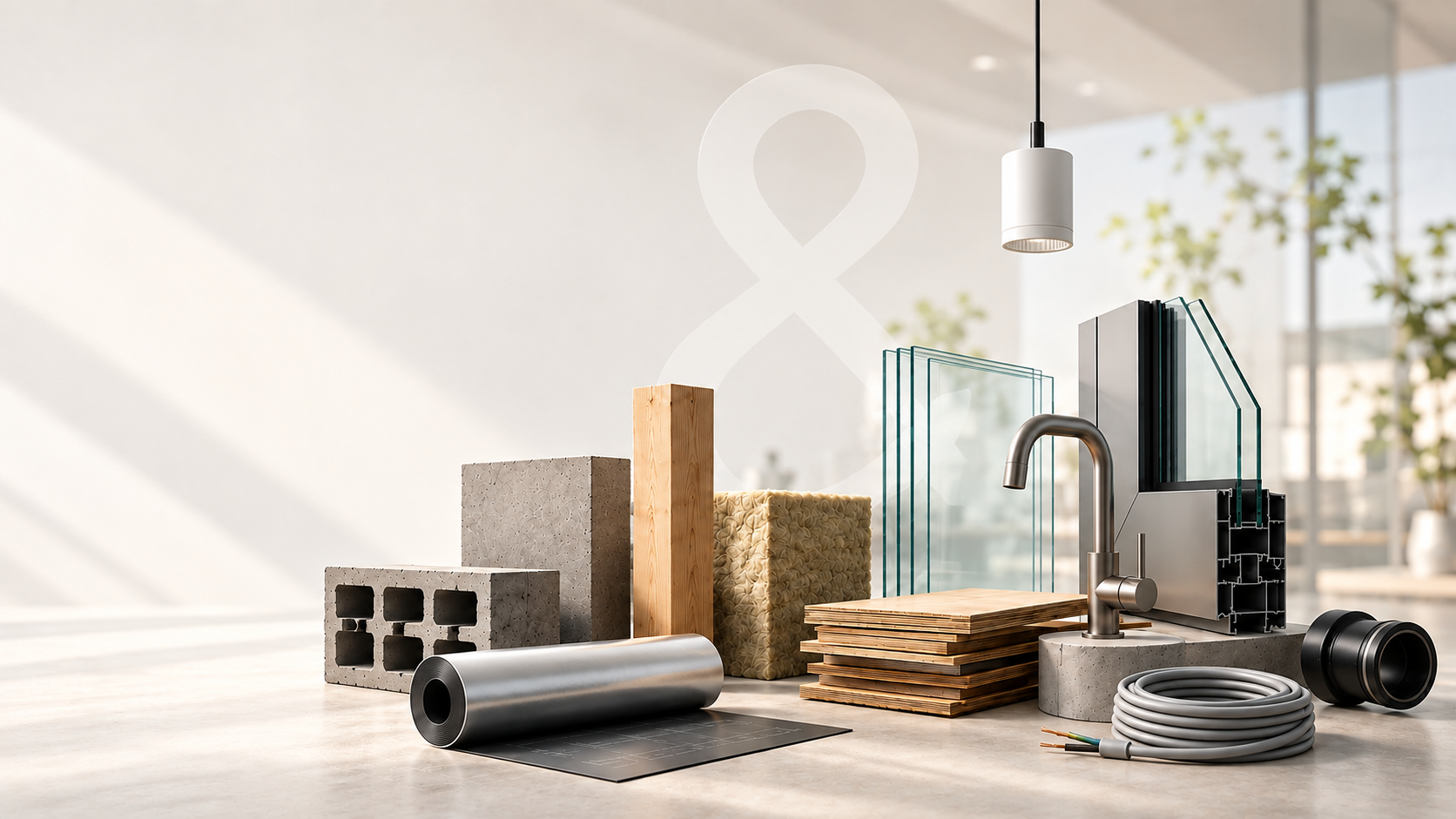 Bauprodukte und Materialien in einem hellen Raum: Hohlblockstein, Beton, Holz, Dämmstoff, Mehrscheibenglas, Aluminiumprofil, Armatur, Rohr, Kabel und Dämmbahn
